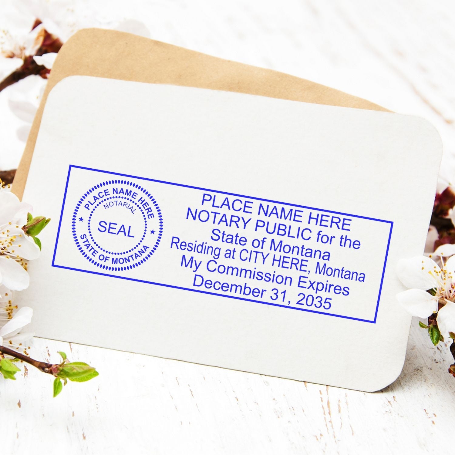 Image of a Montana notary stamp on a card with flowers in the background. Blog post: Unlock Your Notary Powers: Explore Montana Notary Stamps Feature Image.