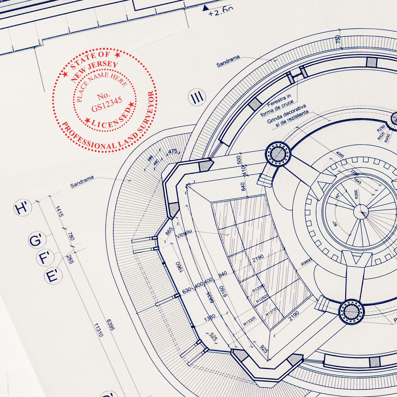 Blueprint with a red New Jersey Land Surveyor Seal stamp, showcasing architectural details and measurements. Blog post: New Jersey Land Surveyor Seal.