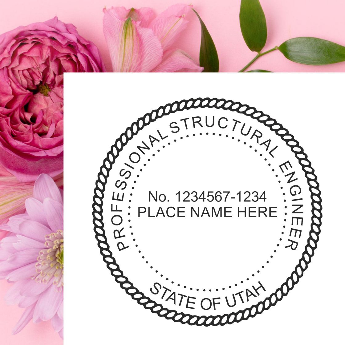 The Power of Renewal: Securing Your Utah PE Stamp Feature Image - Utah PE stamp on white paper with pink flowers in the background.