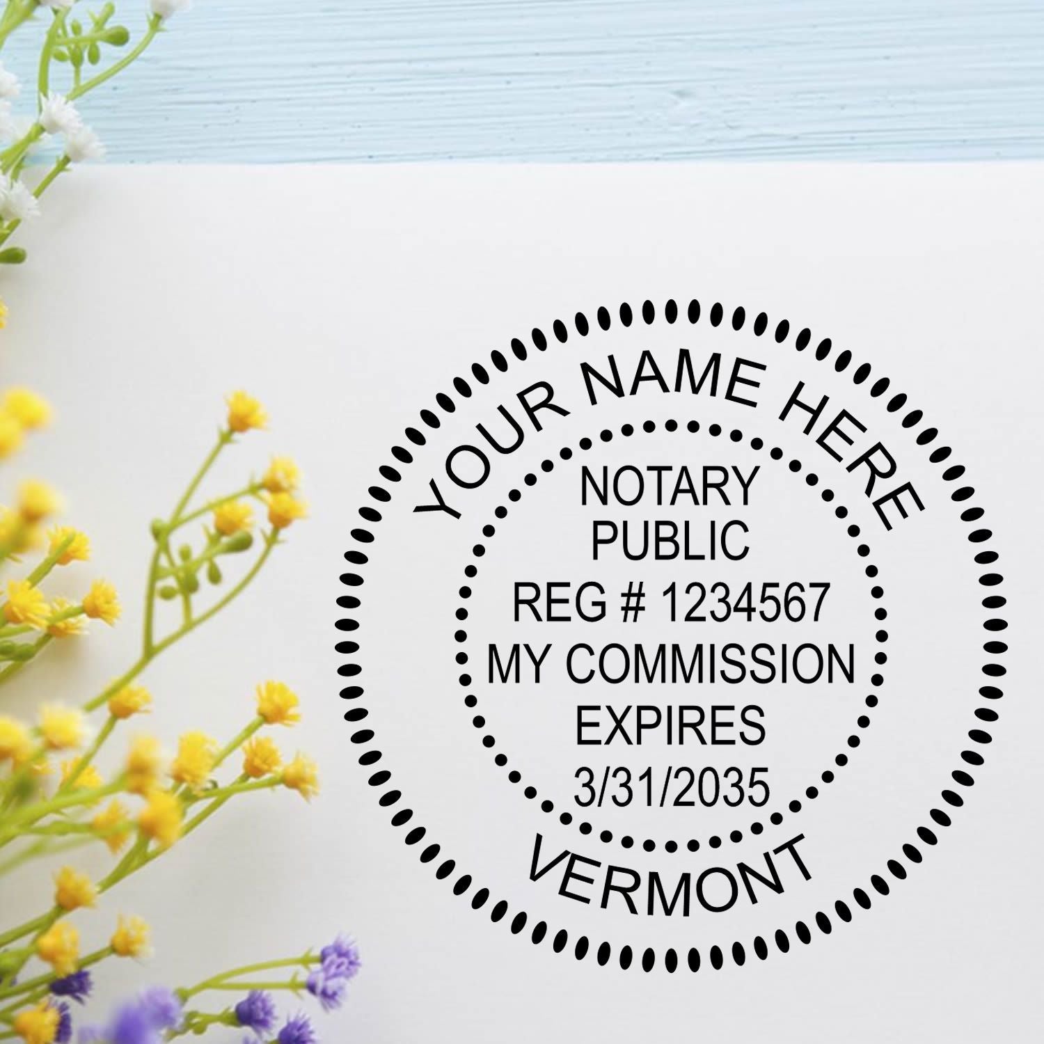Image of a Vermont notary stamp with flowers. Blog post: Elevate Your Notary Game: Top Vermont Notary Stamps Unveiled Feature Image.