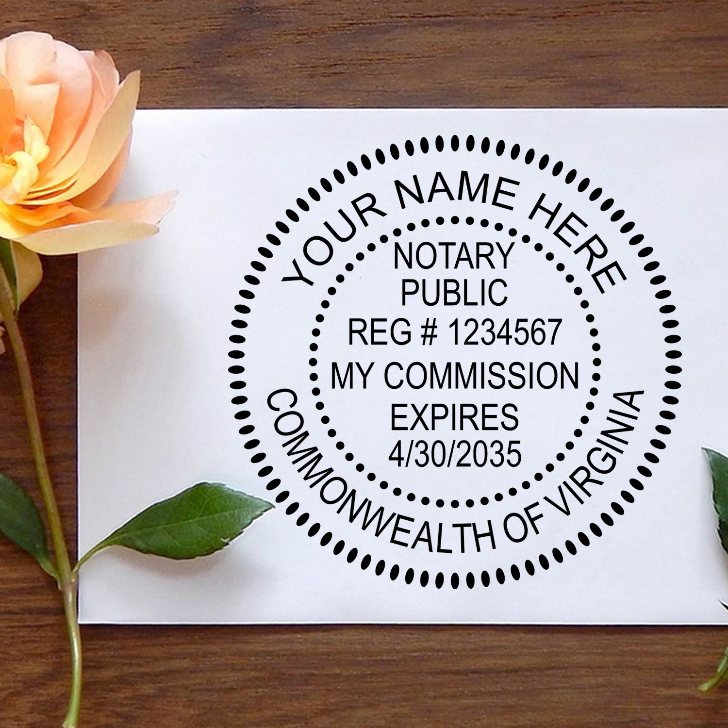 Ensuring Legitimacy: The Importance of Notary Stamp Virginia feature Image. Virginia notary stamp on paper with a flower and leaves.