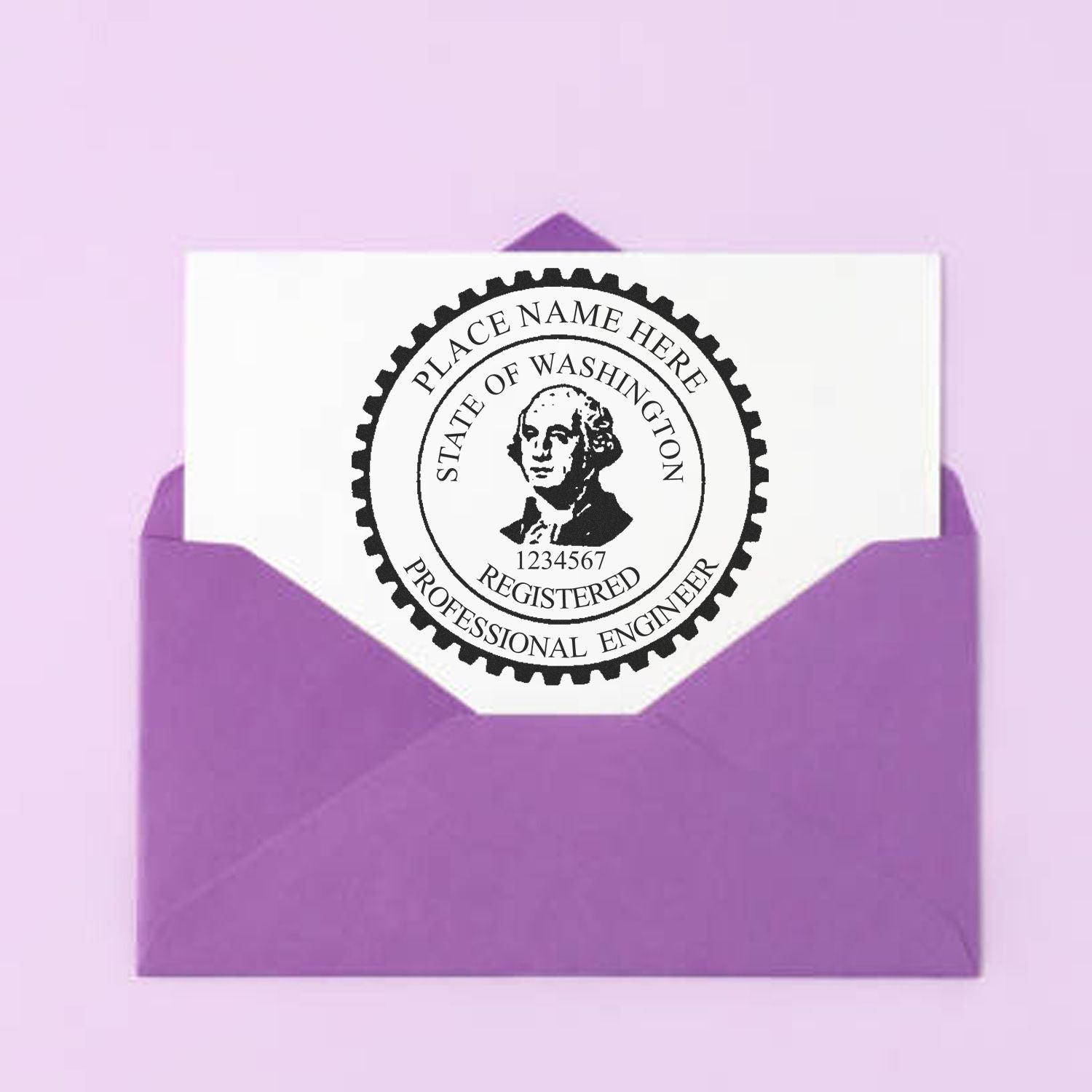 Image of a Washington PE Stamp on a white card inside a purple envelope. Blog post: Unlocking Success: Washington PE Stamp Guidelines Unveiled.