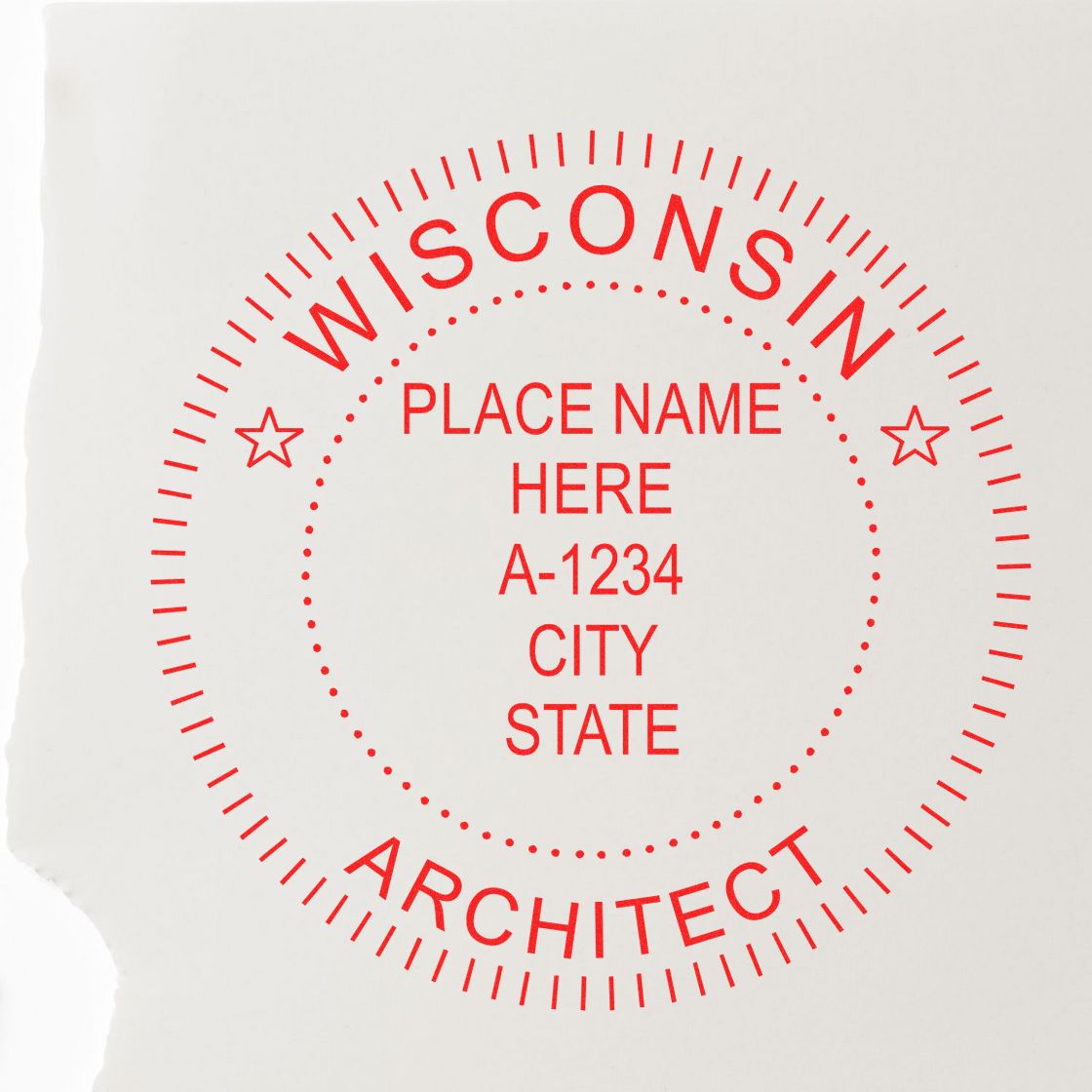 Red Wisconsin Architect seal with placeholders for name, license number, city, and state. Blog post: The Ultimate Guide to Wisconsin Professional Architect Seals.