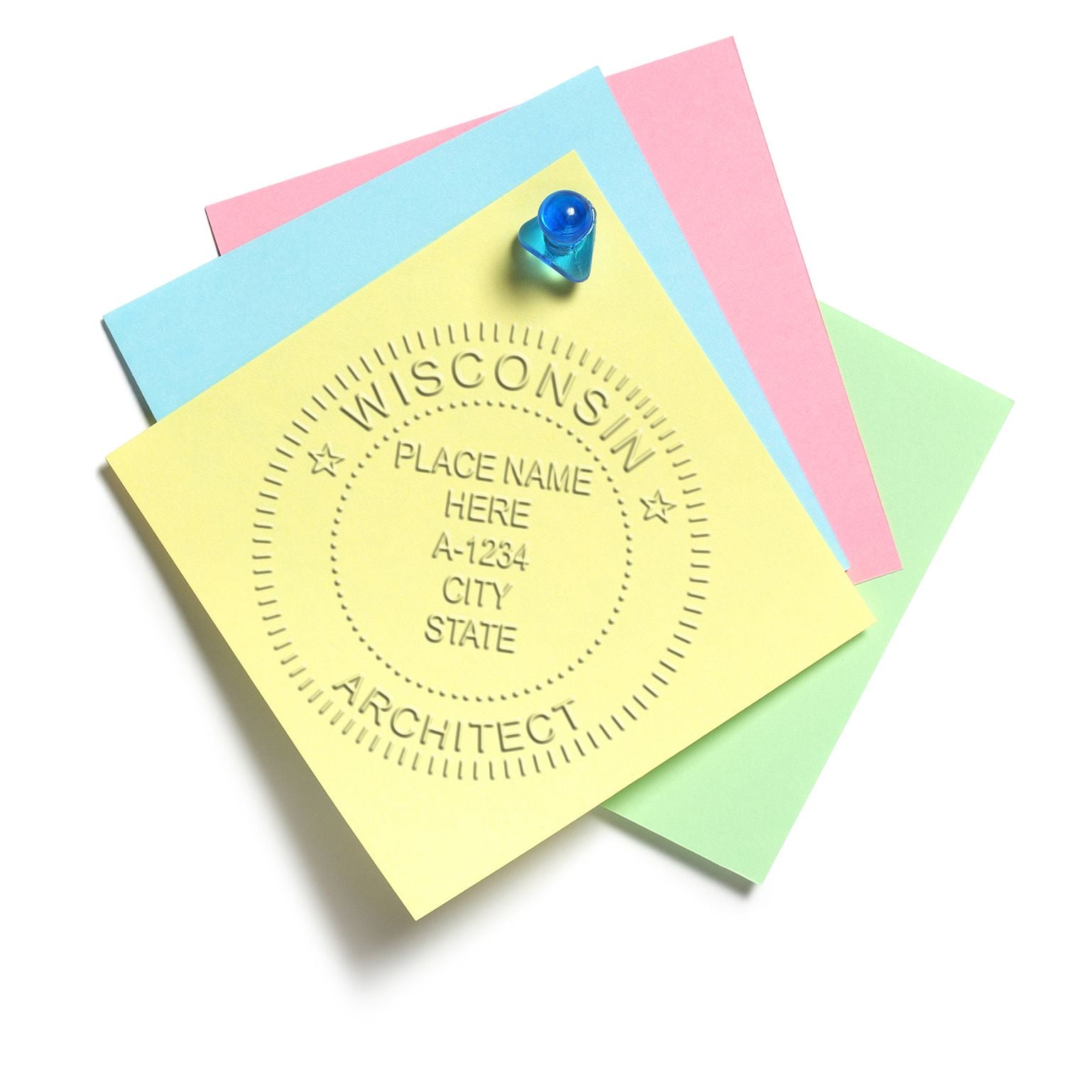 Embossed seal on colorful papers with text 'Wisconsin Architect.' Blog post: Wisconsin Architectural Seal.