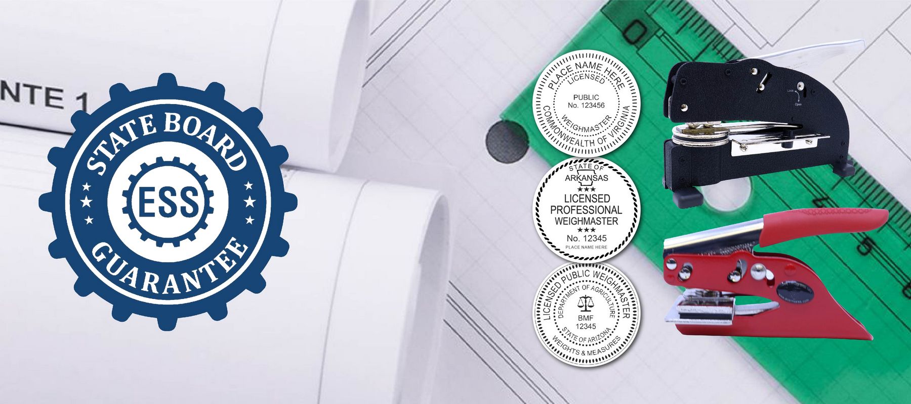 Weighmaster Seal and Stamps collection featuring various seals, stamps, and embossers on a background of technical drawings and a blue logo.