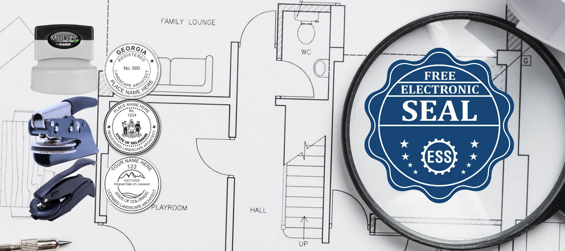 Landscape Architect Seal and Stamps collection featuring various seals, stamps, and a floor plan with a magnifying glass highlighting a seal.