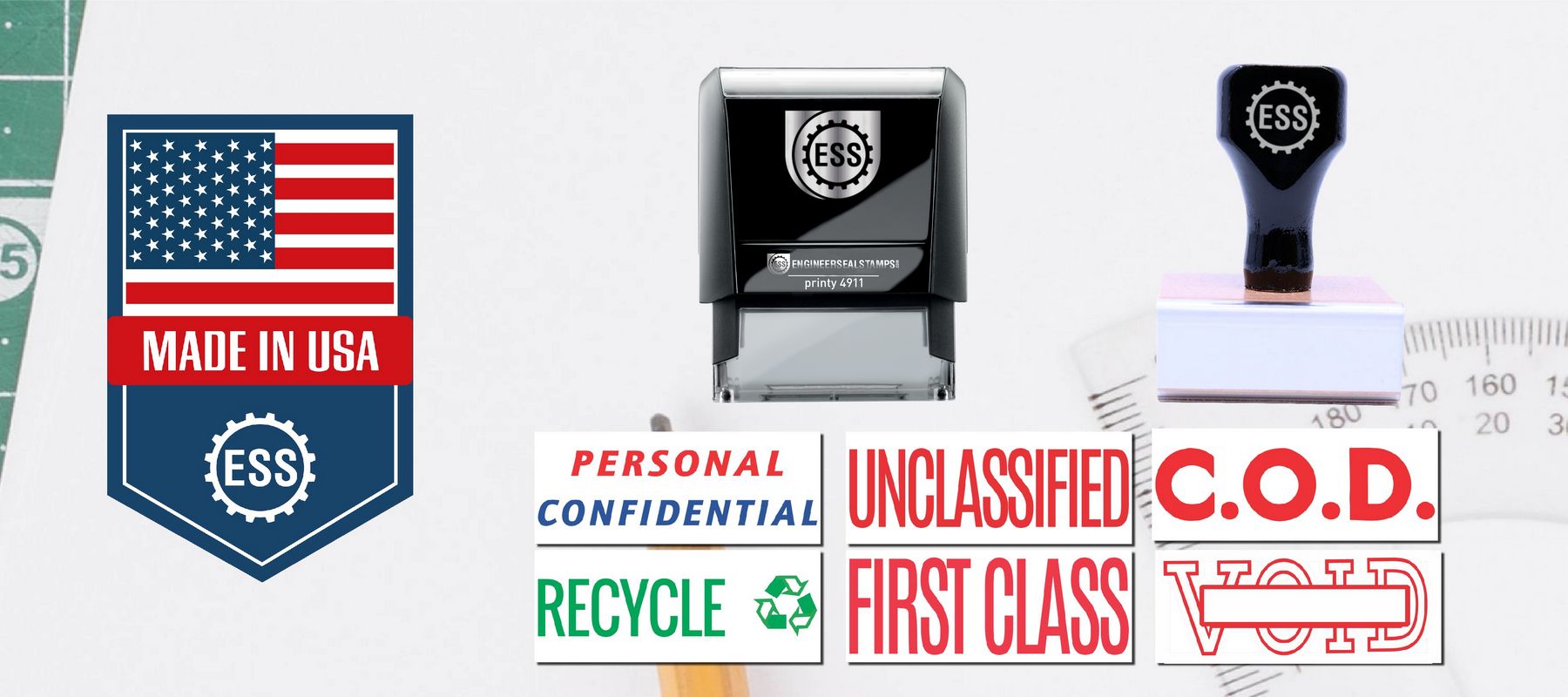 Stock Office Rubber Stamps collection featuring various stamps like "Personal Confidential," "Recycle," "First Class," and "VOID." Made in USA.