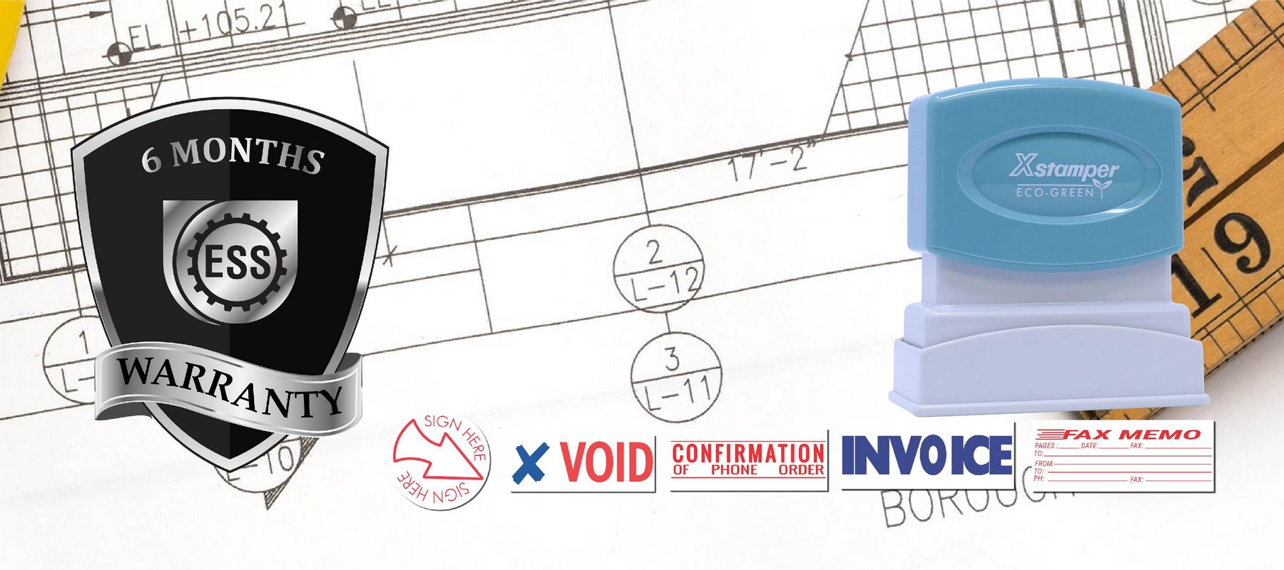 Image of Stock Office Xstamper Stamps collection featuring various stamp designs including "VOID," "INVOICE," and "FAX MEMO" on a technical drawing background.