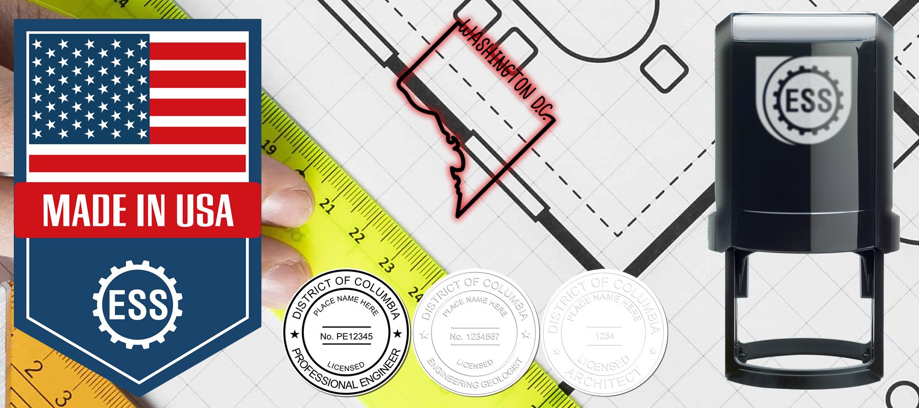 Image showing the District of Columbia Stamps and Seals collection with a "Made in USA" badge, a map outline, and various official seals.