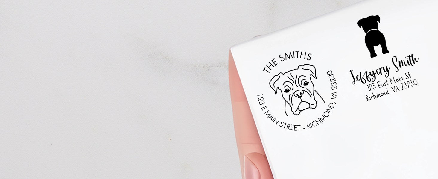 Envelope corner stamped with a boxer dog stamp showing the texts "The Smiths" and a return address label for "Jeffery Smith.