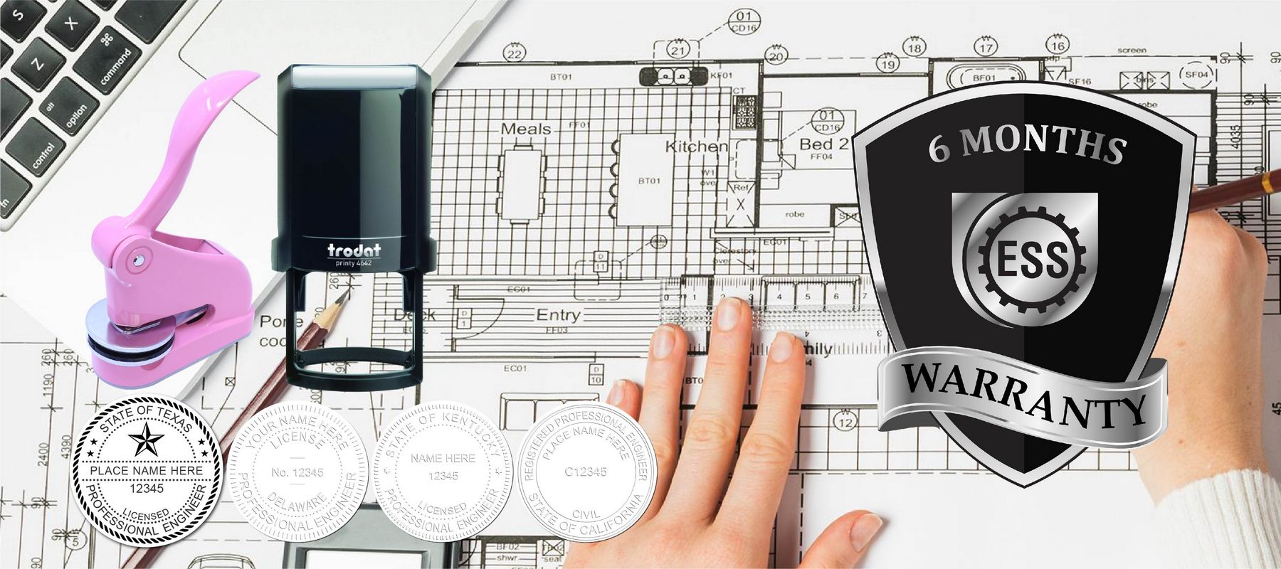 Engineer Seals and Stamps collection featuring various stamps, a seal press, and a hand drawing on architectural plans with a warranty badge.