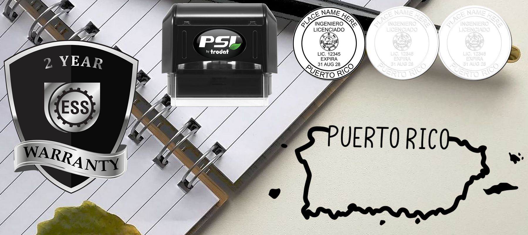 Puerto Rico Stamps and Seals collection featuring a notary stamp, two seals, a map of Puerto Rico, and a 2-year warranty badge on a notebook.