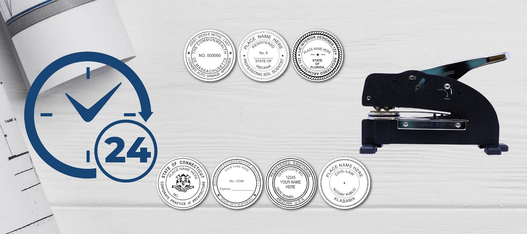 Professional Seal and Stamps collection featuring various official seals and a stamping device on a white wooden background with a 24-hour icon.