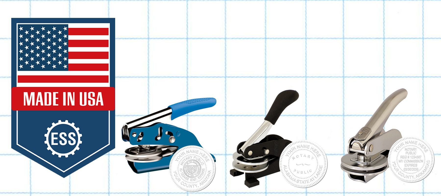 3 notary seals from the Notary Seals collection displayed against a grid background with a "Made in USA" badge on the left.