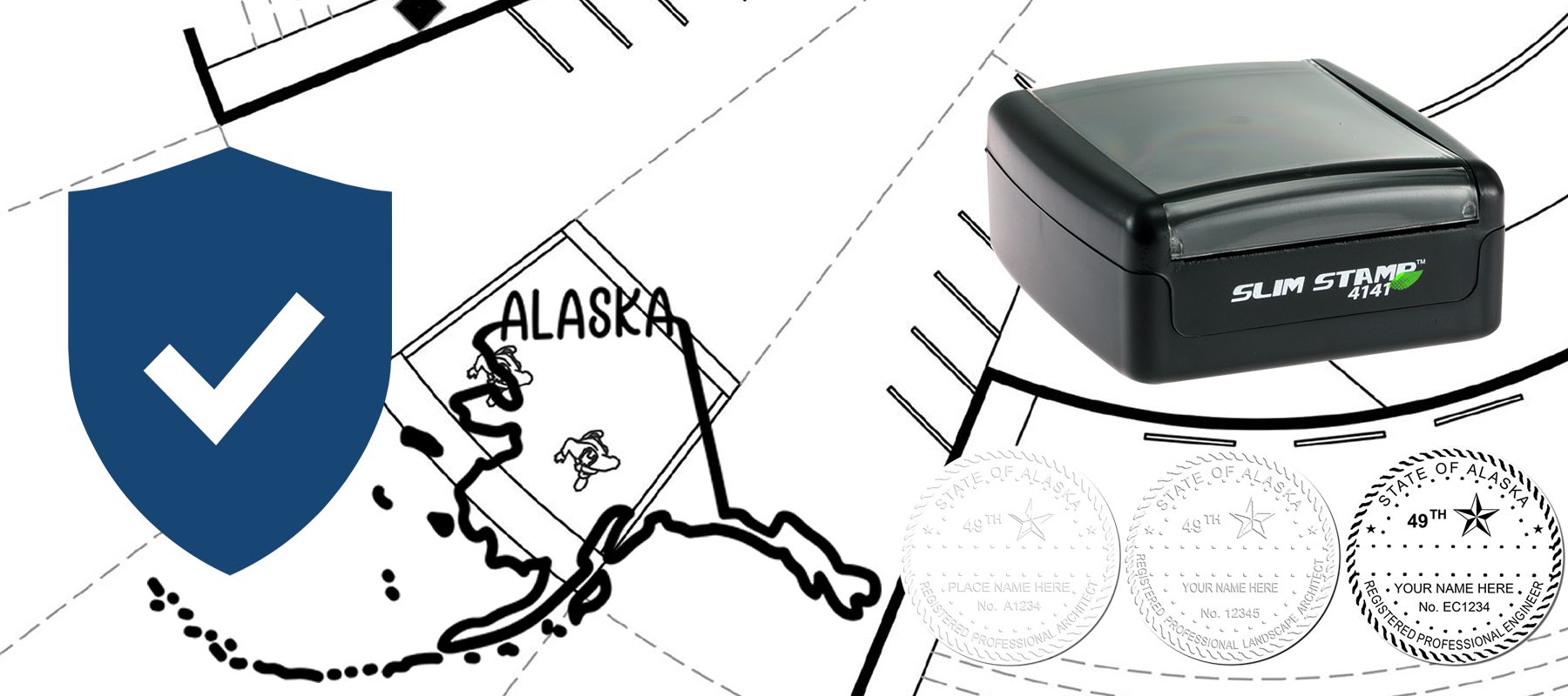 Image of the State of Alaska Stamps and Seals collection featuring a map of Alaska, a blue shield with a checkmark, and a black stamp.