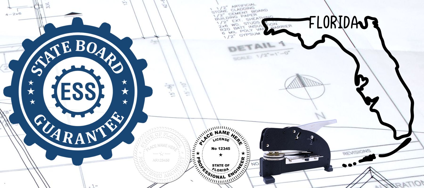 State of Florida Stamps and Seals collection featuring a blueprint background, state outline, official seals, and a notary embosser.