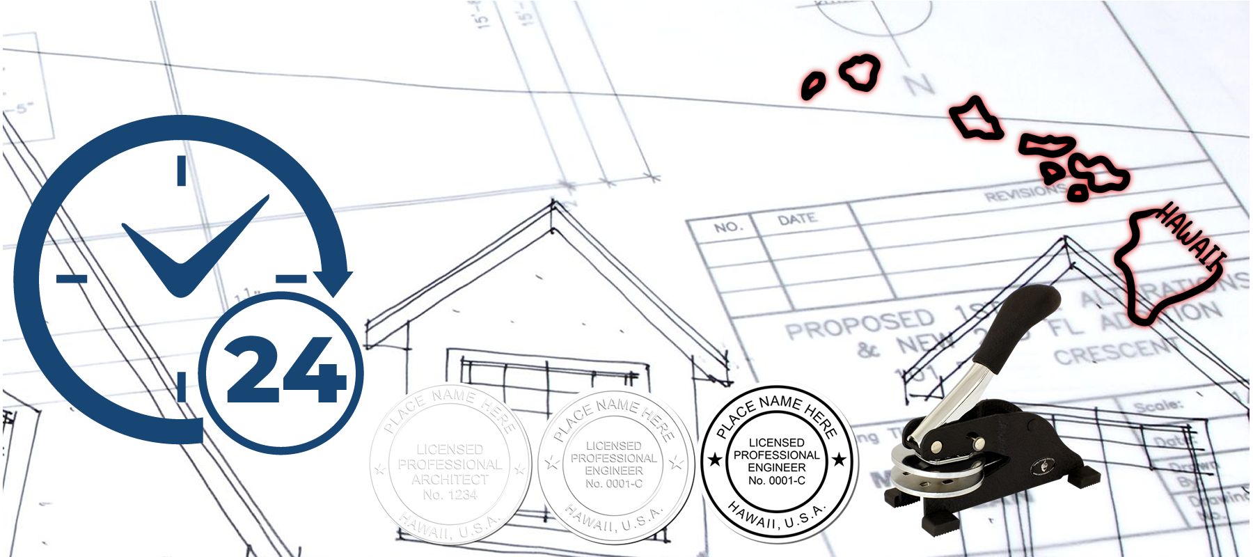 Blueprints with architectural seals, a stamp, and a 24-hour clock icon. Text reads "State of Hawaii Stamps and Seals Collection."