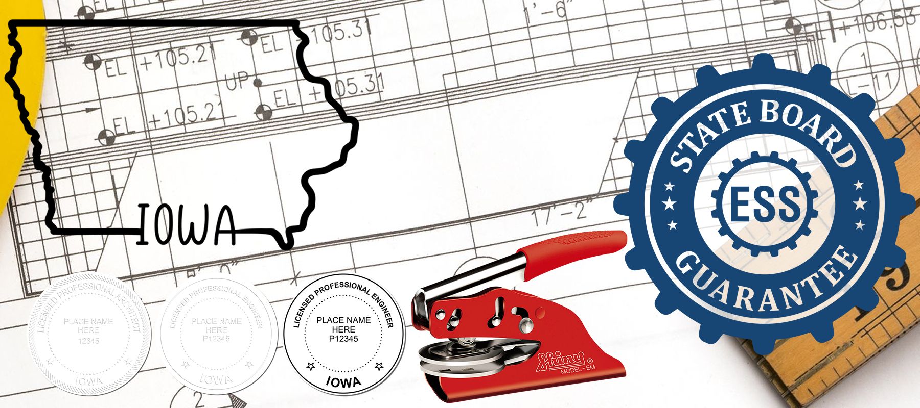 Image showing the State of Iowa Stamps and Seals collection, featuring a map outline, engineering plans, seals, and a red embosser.