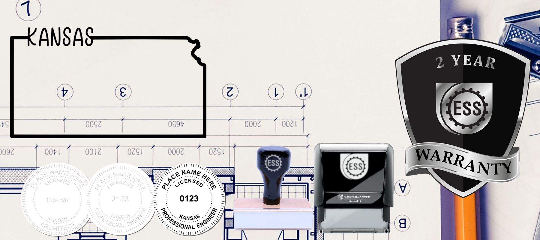 State of Kansas Stamps and Seals collection featuring a Kansas outline, stamps, seals, and a 2-year warranty badge on a blueprint background.