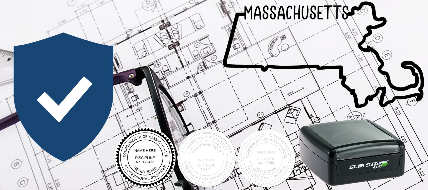 Image showing the State of Massachusetts Stamps and Seals collection with a map outline, architectural plans, and various stamps and seals.