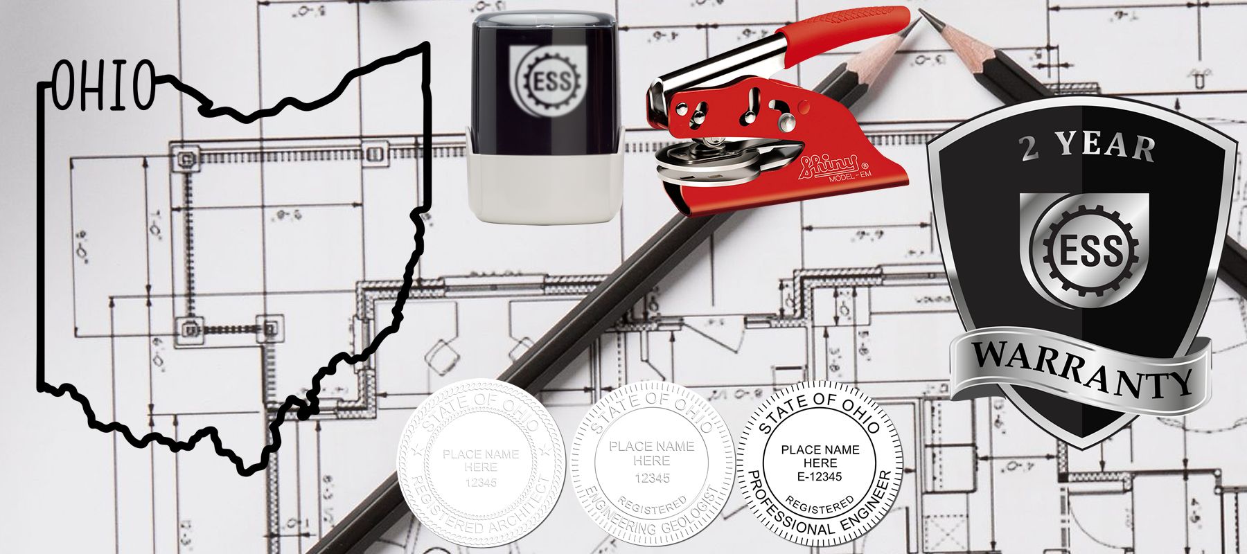 Image showing various stamps and seals from the State of Ohio Stamps and Seals collection, including a map outline, engineering tools, and a 2-year warranty badge.