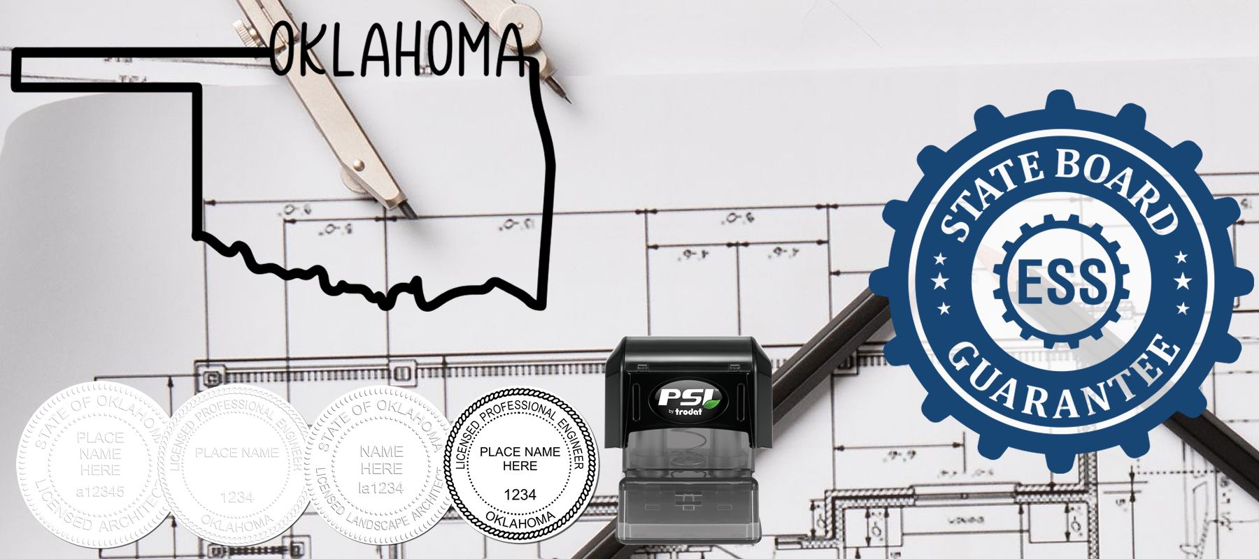 State of Oklahoma Stamps and Seals collection featuring a map outline, engineering tools, and various official seals and stamps.