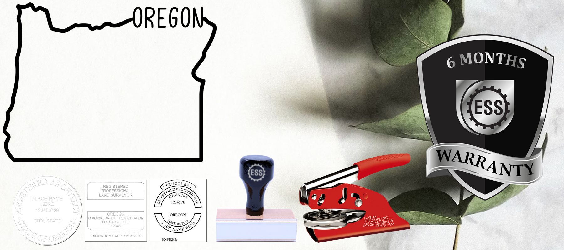 Image of the State of Oregon Stamps and Seals collection, featuring an Oregon state outline, stamps, a red embosser, and a warranty badge.