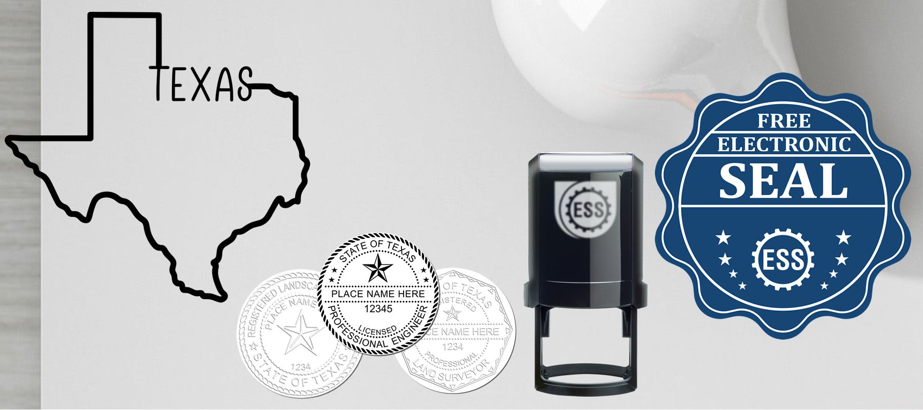 Image of the State of Texas Stamps and Seals collection, featuring Texas outline, stamps, a seal, and a black stamp device.