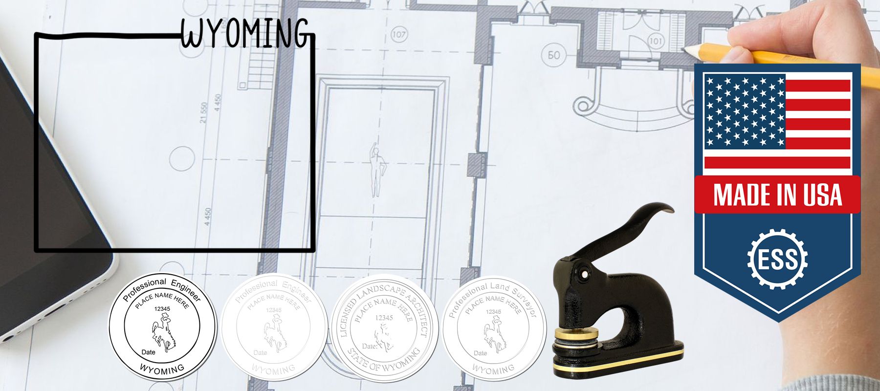 State of Wyoming Stamps and Seals collection image showing architectural plans, a seal embosser, and various Wyoming seals with a Made in USA badge.