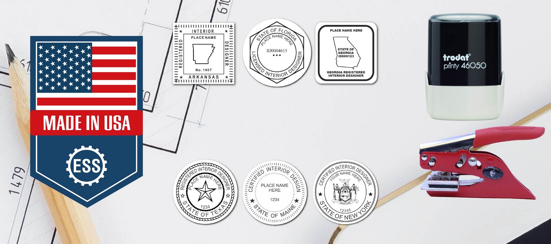 Interior Designer Seal and Stamps collection featuring various stamps, a badge with 'Made in USA,' and a red stapler on a blueprint background.