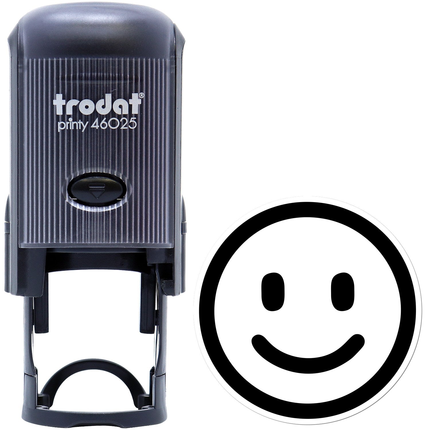 Self-Inking Happy Face Smiley Stamp with black casing and a clear imprint of a smiling face. Ideal for adding cheerful marks to documents and crafts.