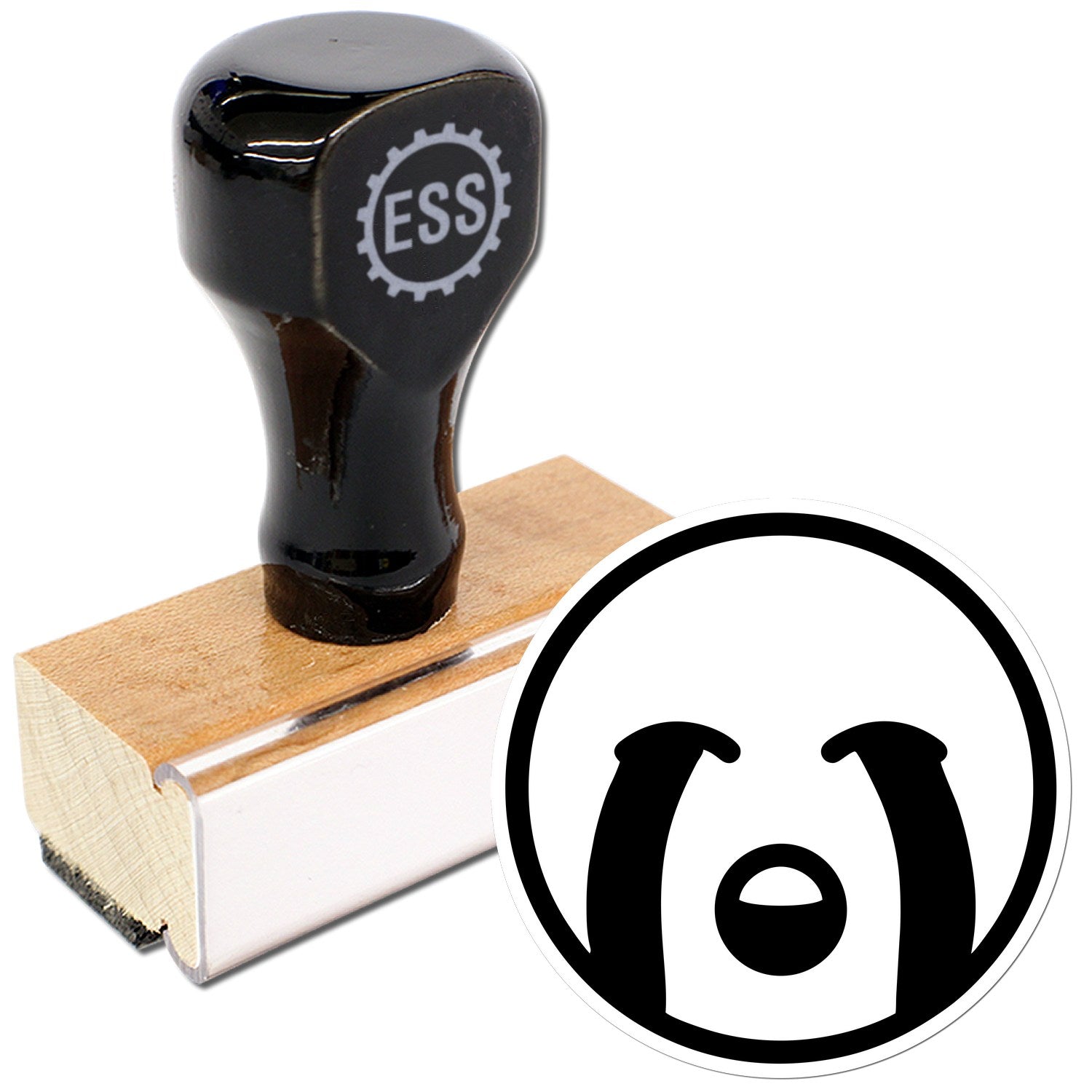 Wood Handle Joyess Smiley Reaction Rubber Stamp with black top and engraved ESS logo, featuring a smiley face design. Ideal for crafting and personalizing projects.