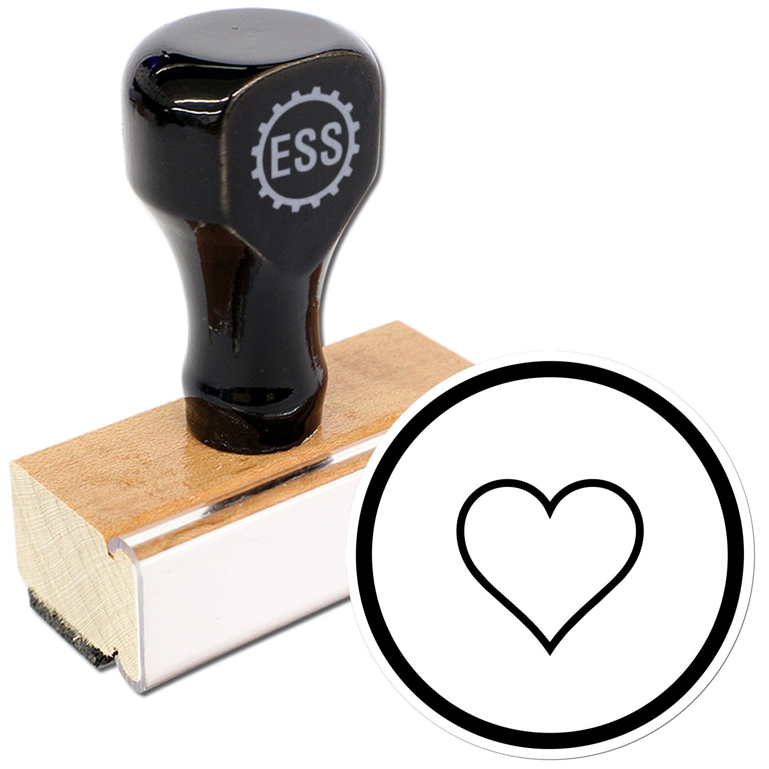 Wood Handle Heart of Simplicity Emojicons Rubber Stamp featuring a black handle with ESS logo, wooden base, and a heart design stamp. Perfect for crafting and personalizing projects.