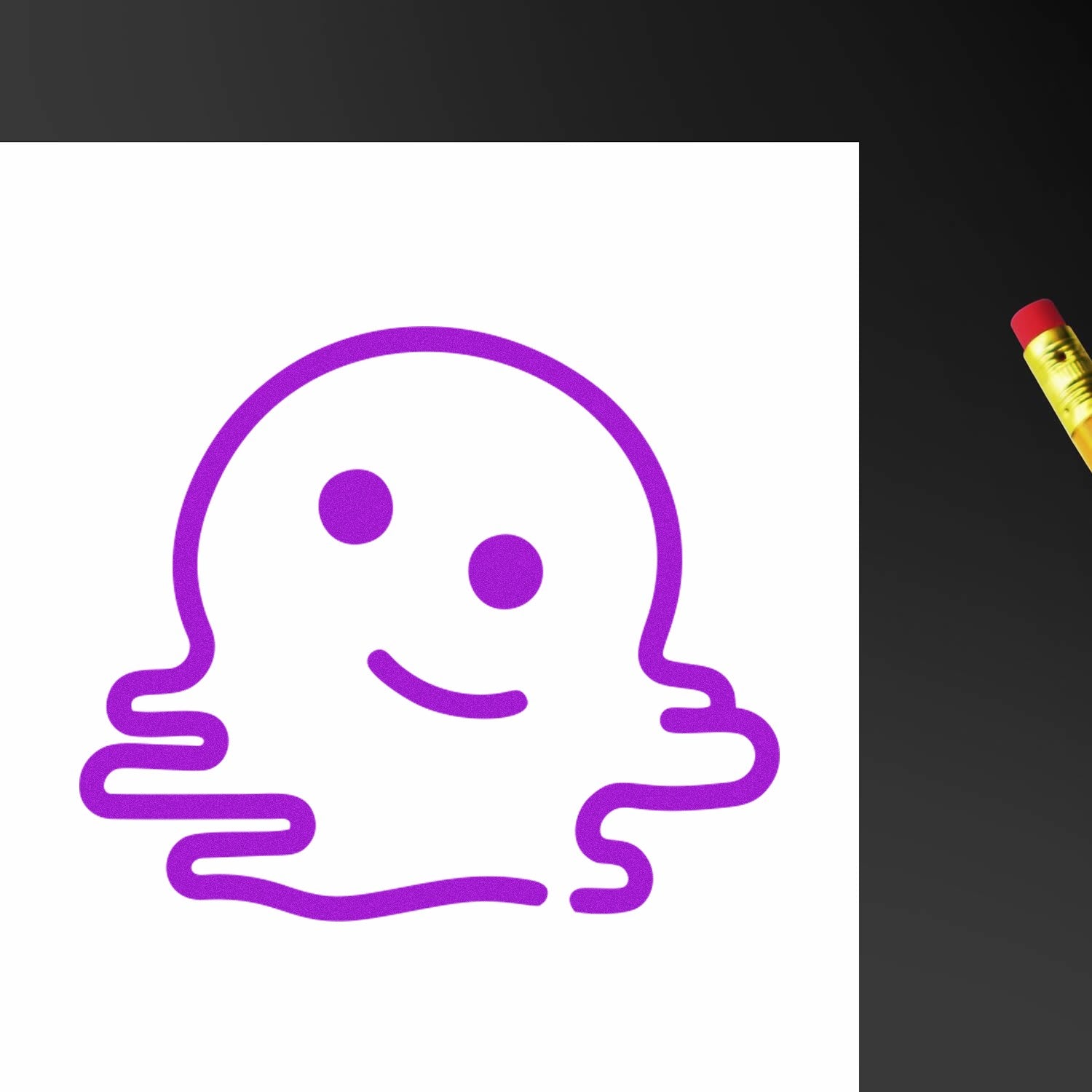 Self-Inking Melted Smile Emoji Stamp in purple, featuring a playful melted smiley face design, perfect for adding fun to any project. Includes a yellow pencil for scale.