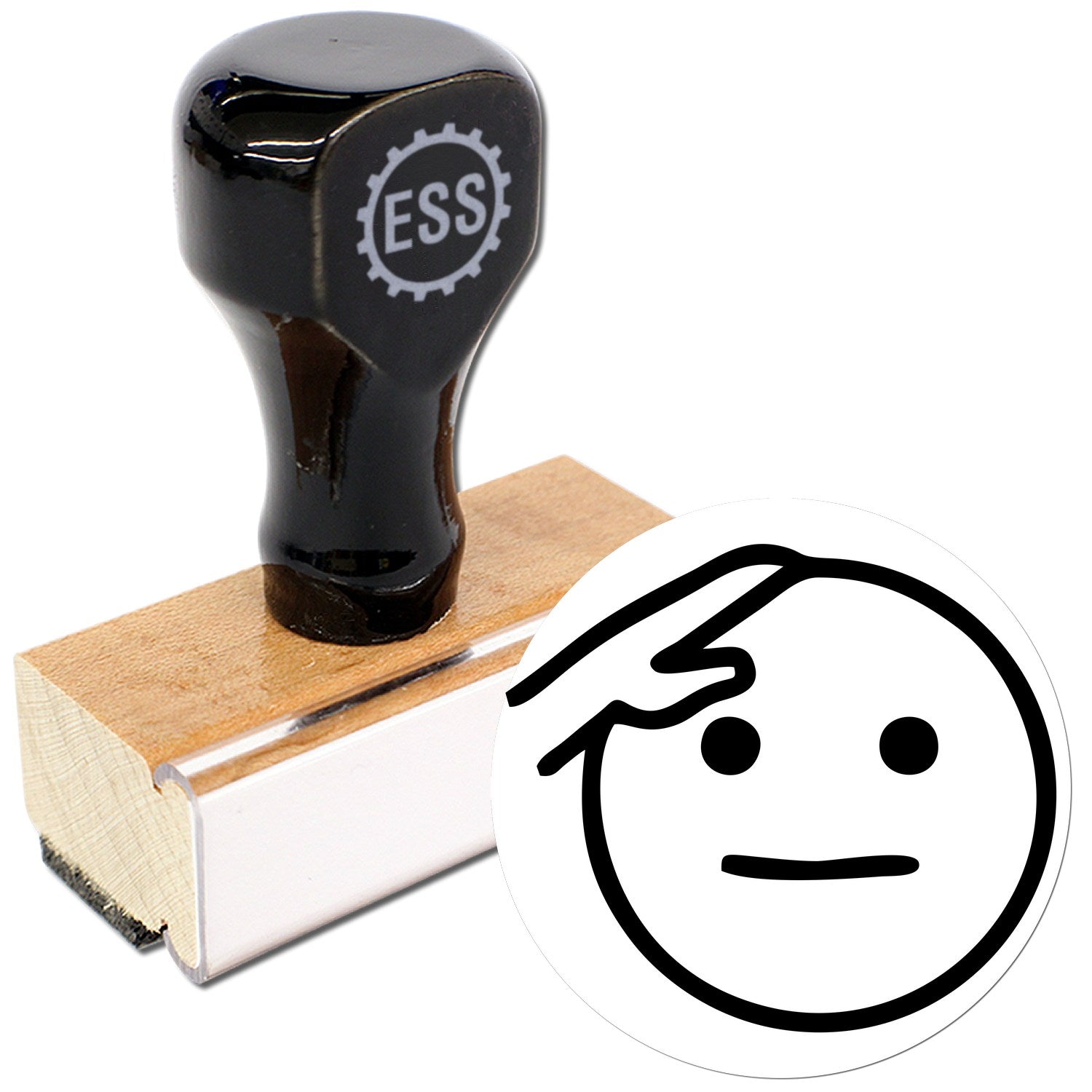 Wood Handle Captain Salute Emoji Rubber Stamp featuring a black handle with ESS logo, mounted on a wooden base. Includes a salute emoji design for creative stamping.