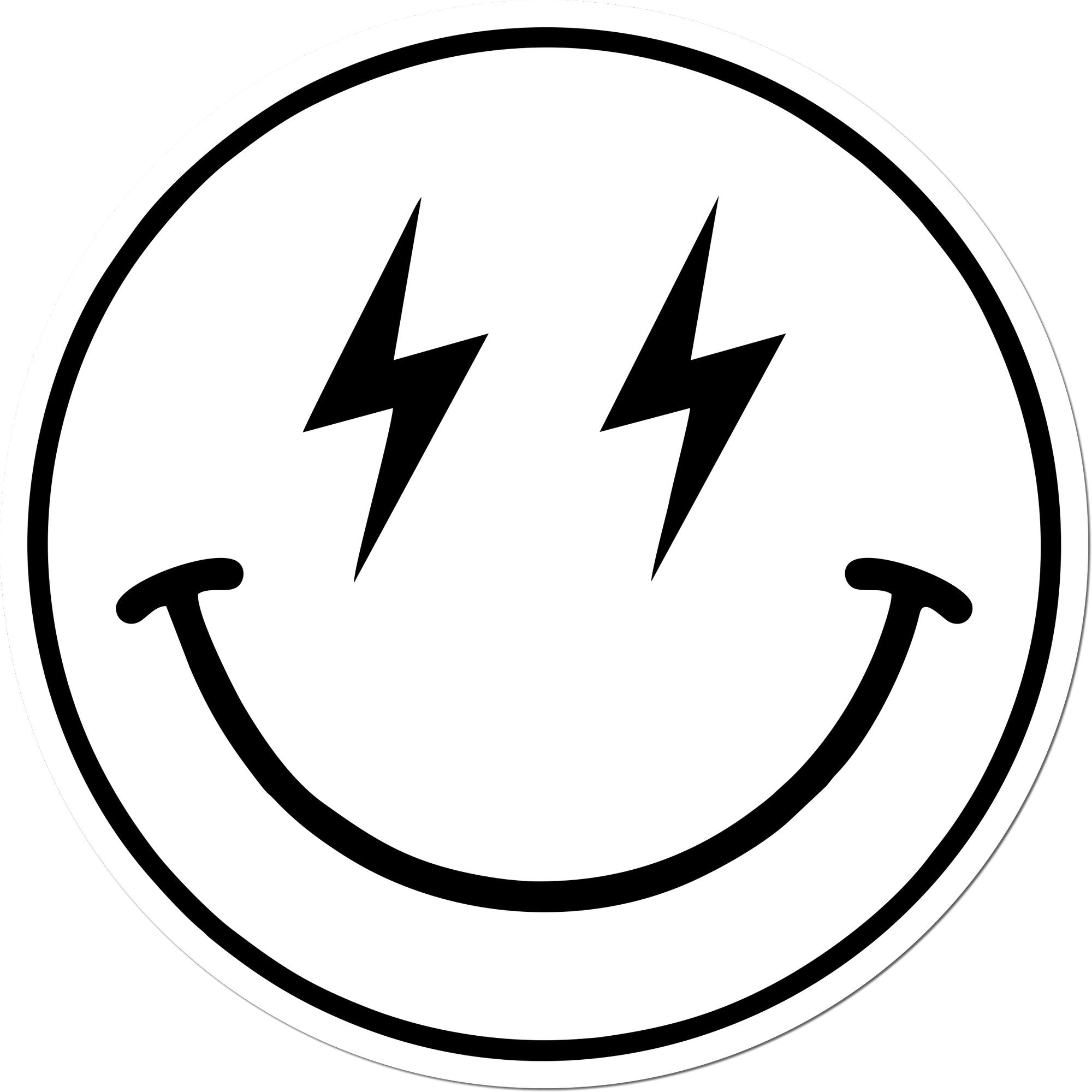 Self-Inking Electric Joy Emoji Stamp featuring a smiling face with lightning bolt eyes, perfect for adding a fun touch to documents. Black ink, round design.