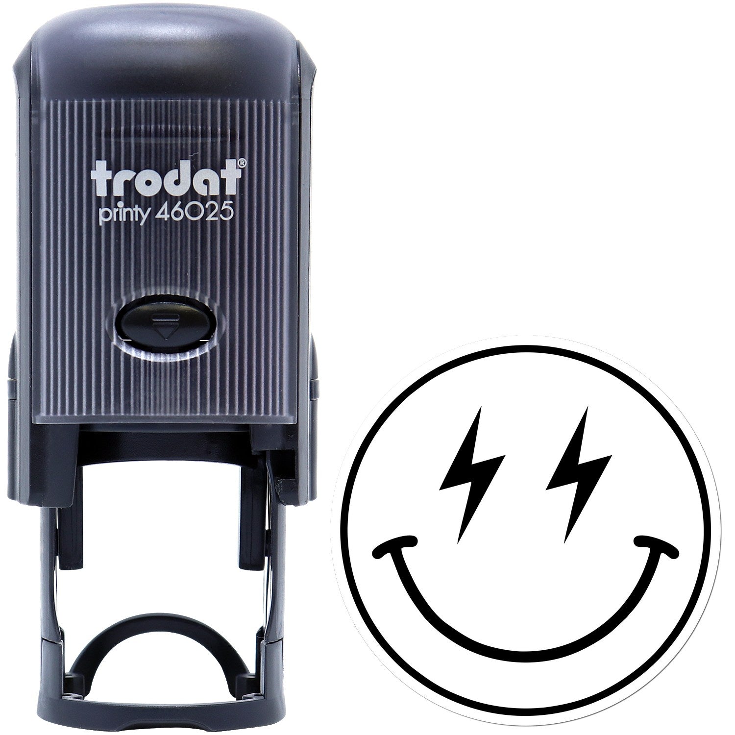 Self-Inking Electric Joy Emoji Stamp with a sleek black design, featuring a smiling face with electric bolt eyes. Perfect for adding fun and personality to your documents.