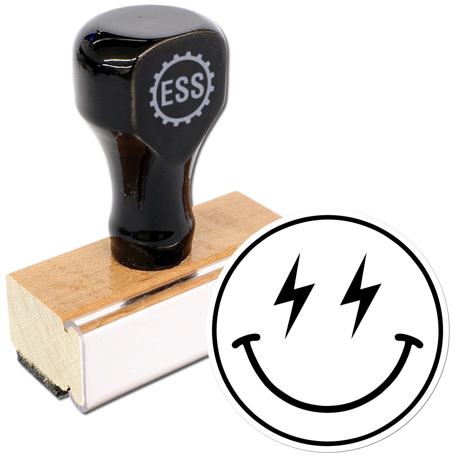 Wood Handle Electric Joy Emoji Rubber Stamp with a sleek black top and sturdy wooden base, featuring a smiling face with lightning bolt eyes. Perfect for adding fun to your projects.