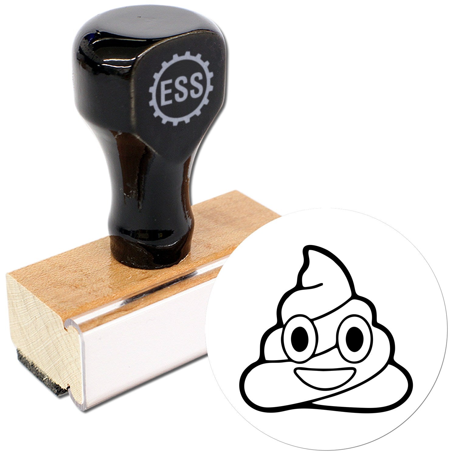 Wood Handle Poop Emoji Pal Rubber Stamp featuring a black handle and wooden base, with a playful poop emoji design. Perfect for adding fun to crafts and stationery.