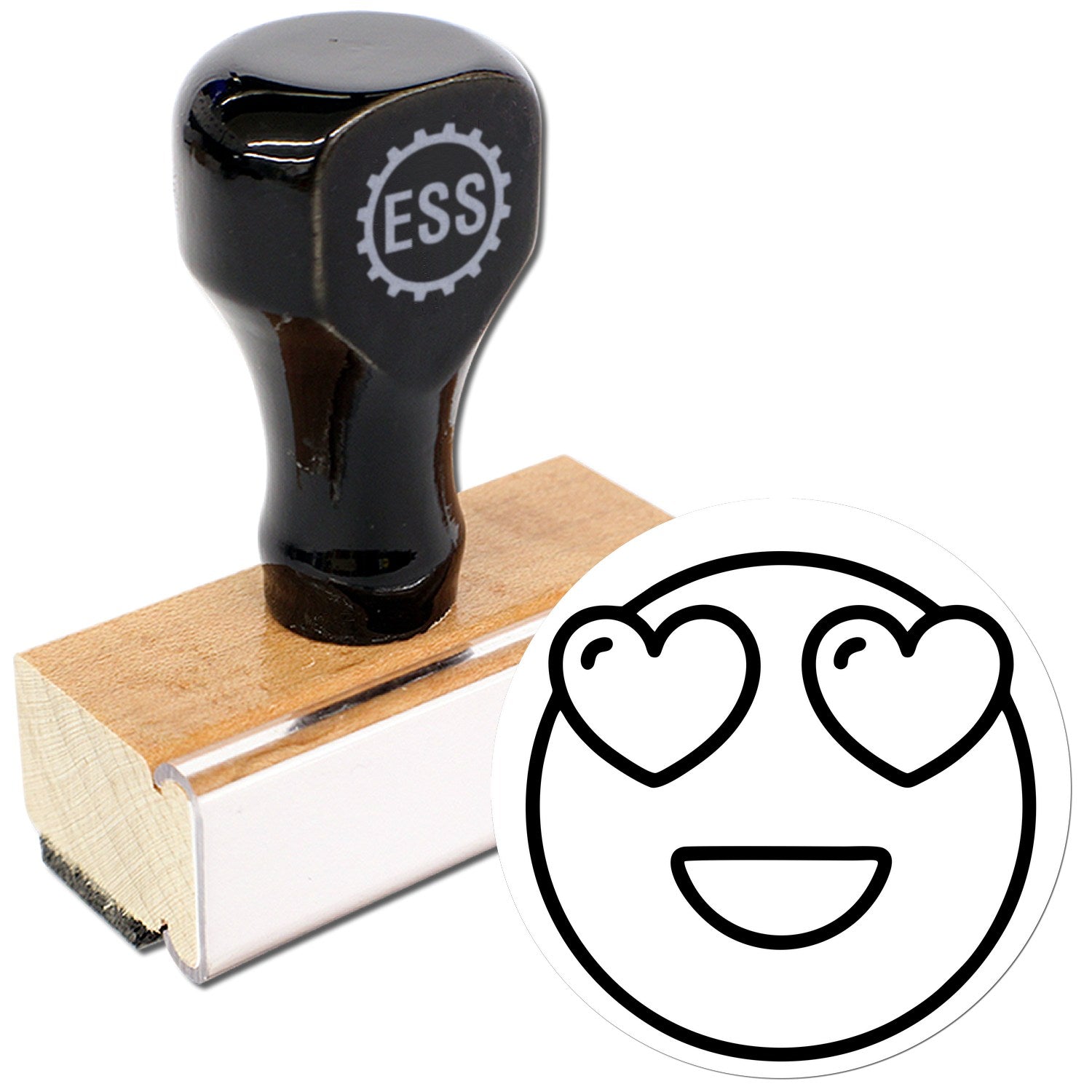 Wood Handle Love-Struck Larry Emoji Rubber Stamp with black top and wooden base, featuring a heart-eyed smiley face design. Perfect for crafting and personalizing projects.