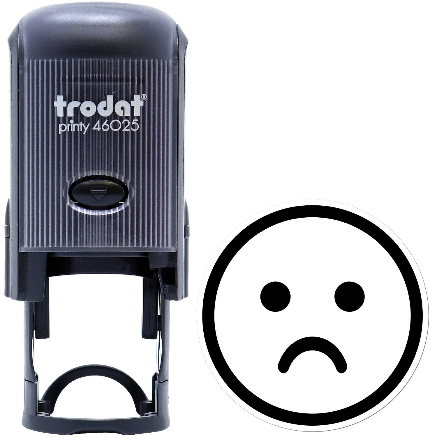 Self-Inking Sad Sam Emoticon Stamp featuring a black casing and a sad face design. Perfect for adding a touch of emotion to documents.