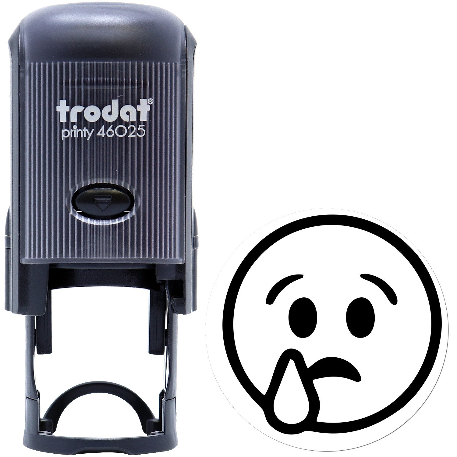 Self-Inking Sorrowful Droop Smiley Stamp with a black casing and a sad face design. Perfect for adding a touch of emotion to your documents.