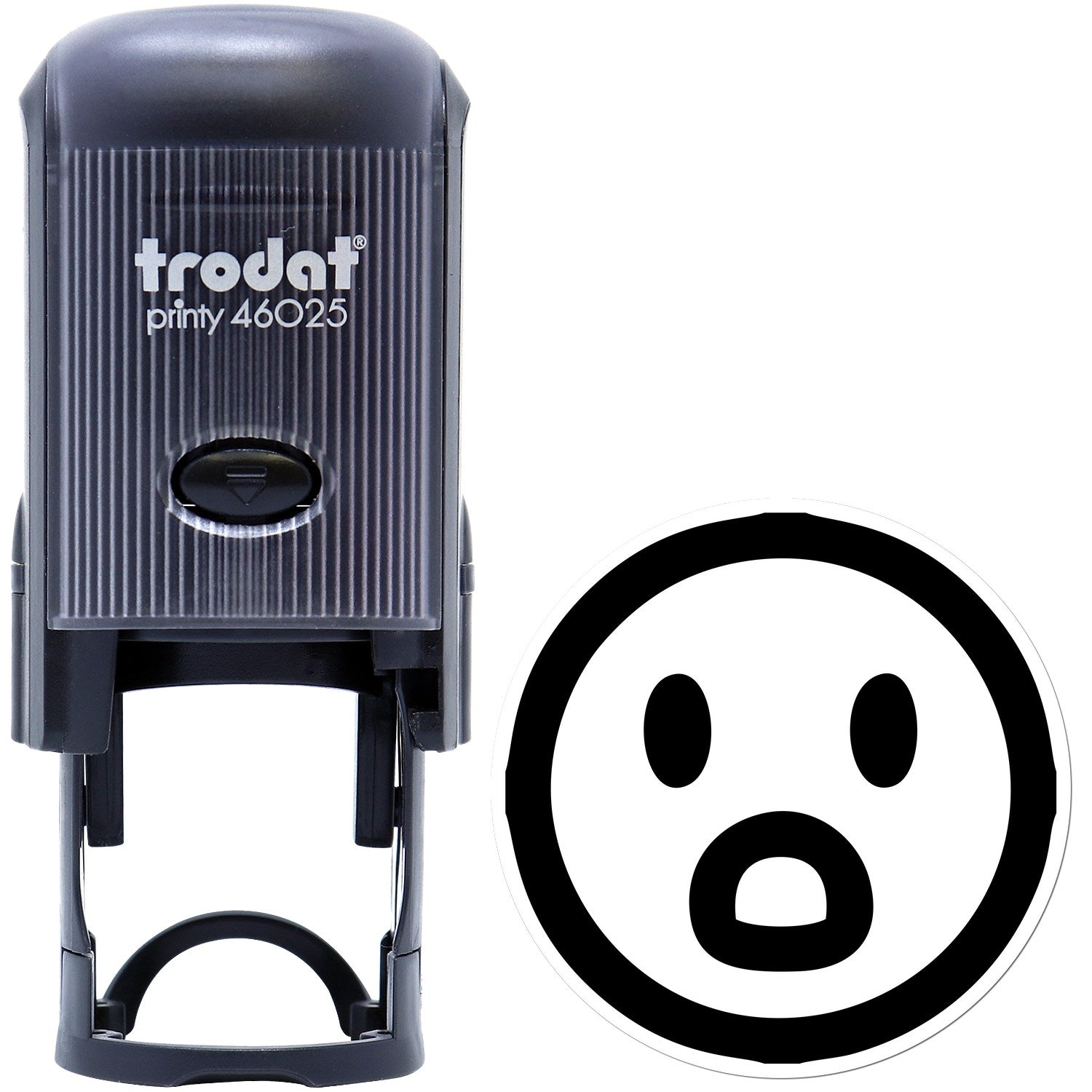 Self-Inking Surprised Sam Emotes Stamp featuring a black and white surprised face design, with a durable black casing and easy-to-use mechanism. Perfect for adding fun expressions to your projects.