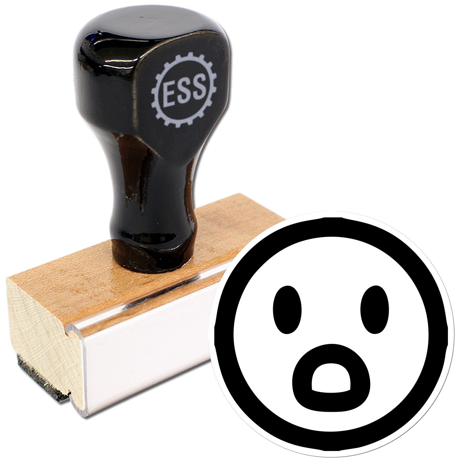 Wood Handle Surprised Sam Emotes Rubber Stamp featuring a black handle with ESS logo, mounted on a wooden base, and a surprised face design. Perfect for crafting and personalizing projects.