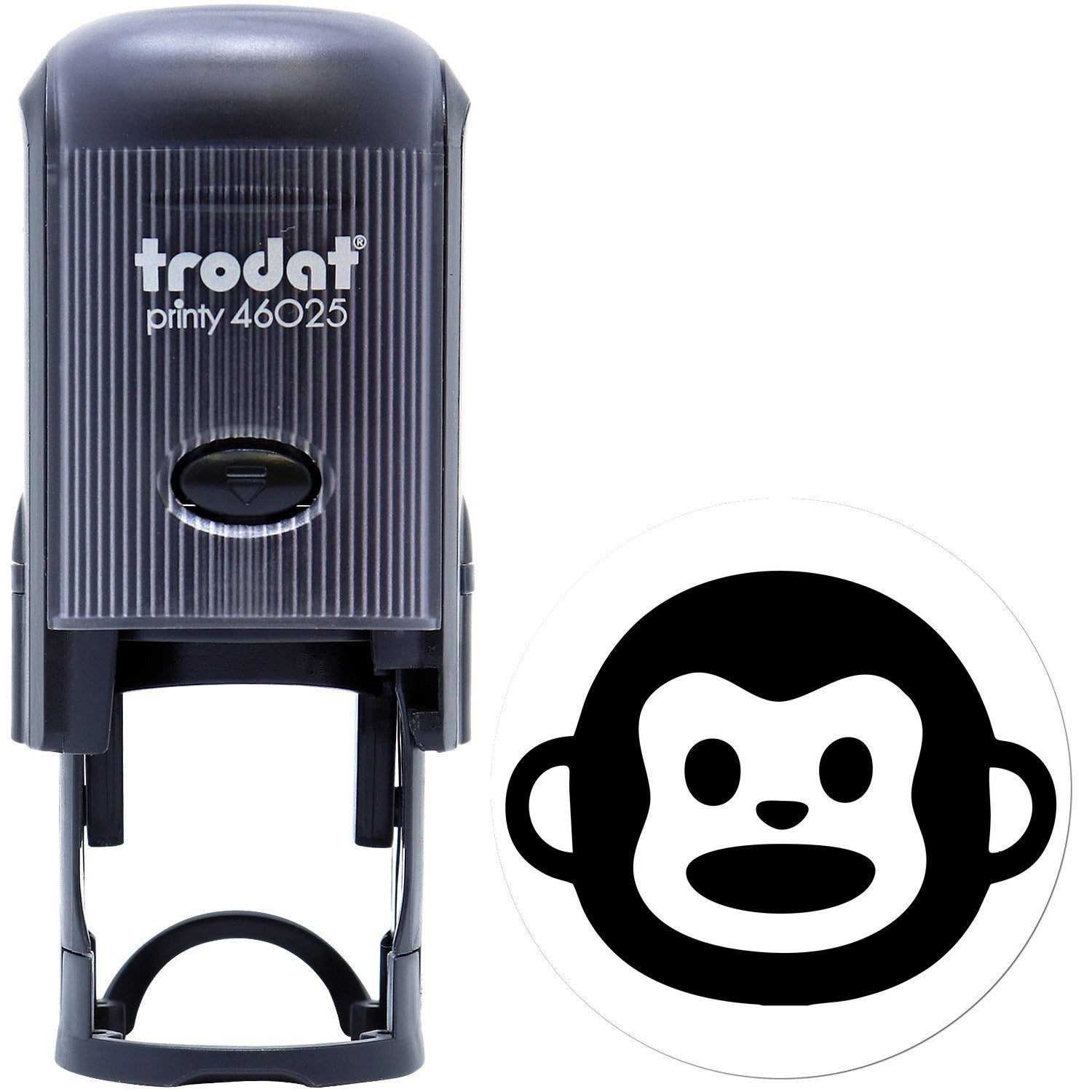 Self-Inking Monkey Marvel Reaction Stamp with black casing and a cute monkey face imprint design, perfect for adding fun to documents and crafts.