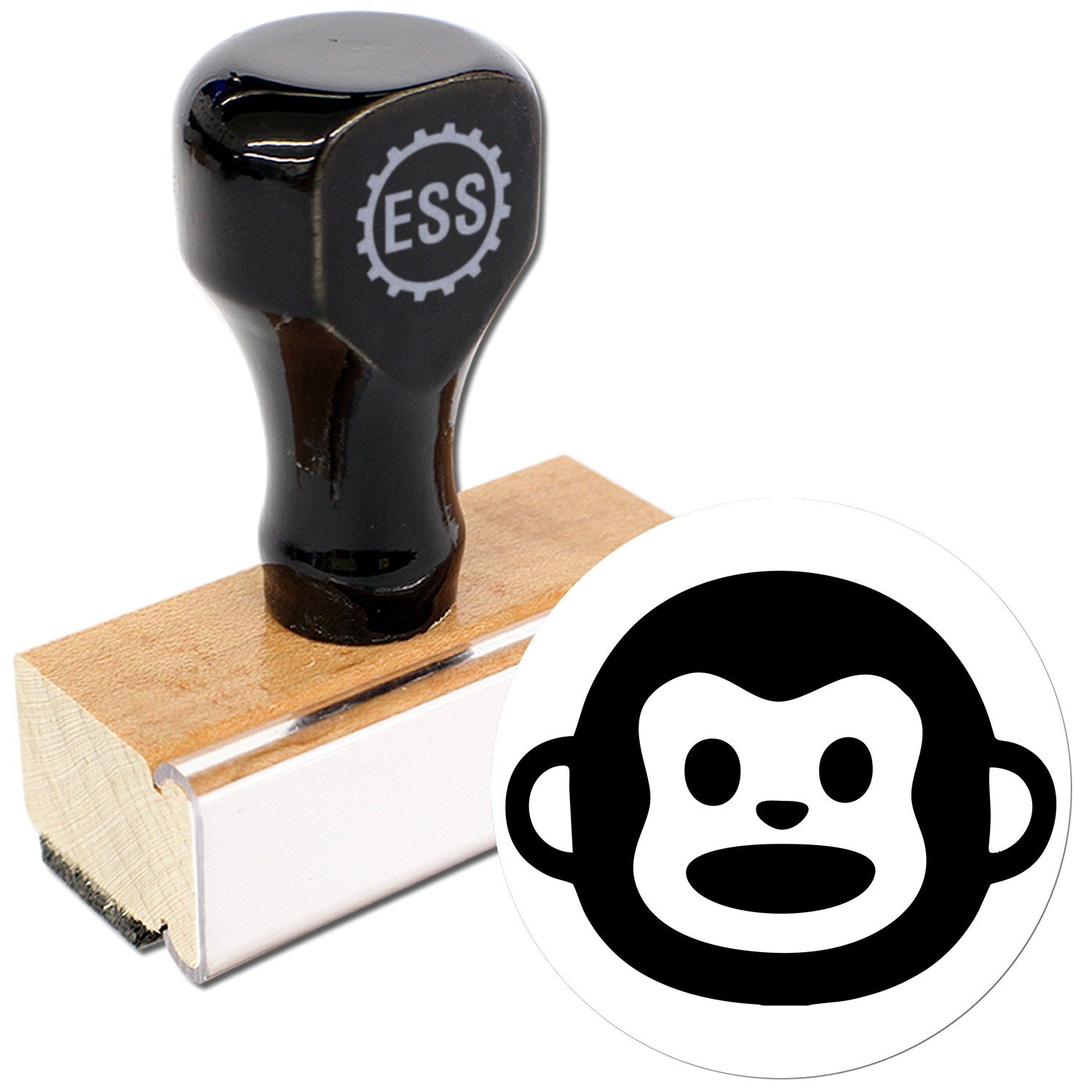 Wood Handle Monkey Marvel Reaction Rubber Stamp with black handle, wooden base, and a monkey face design. Perfect for crafting and personalizing projects.