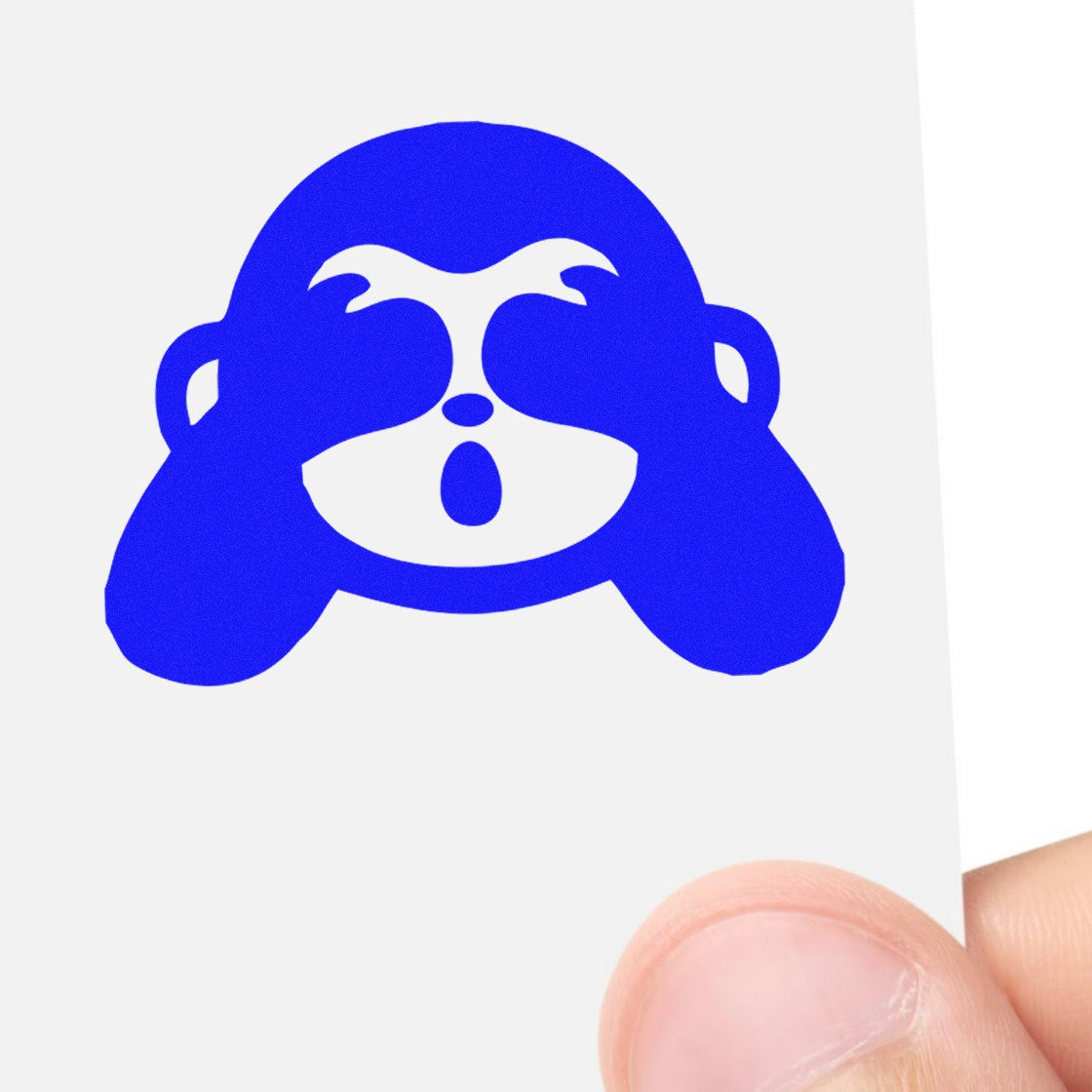 Wood Handle Blindfolded Monkey Emojicons Rubber Stamp featuring a blue monkey covering its eyes, held against a white background.