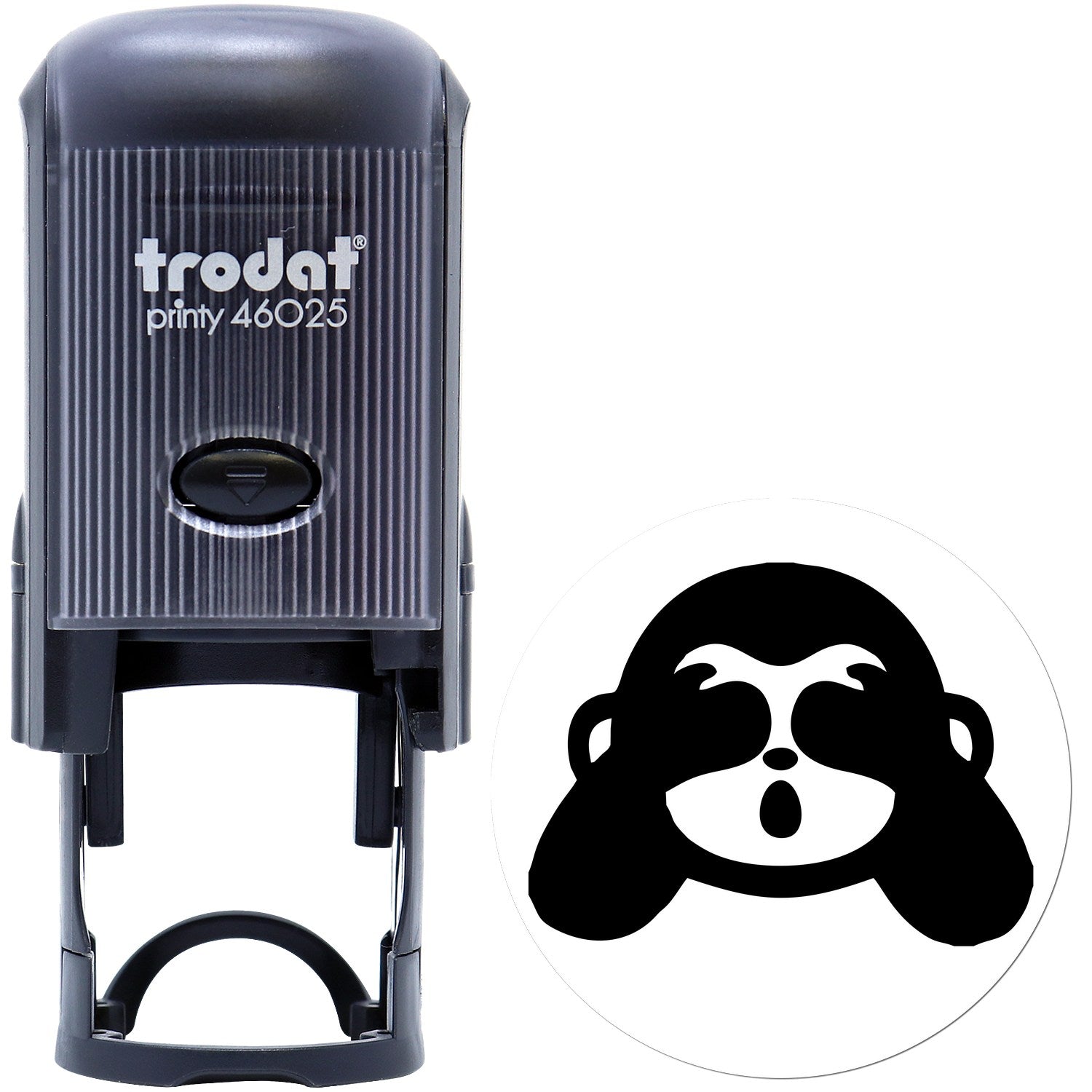 Self-Inking Blindfolded Monkey Emojicons Stamp featuring a black casing and a playful monkey face design. Perfect for adding fun emojicons to your documents.