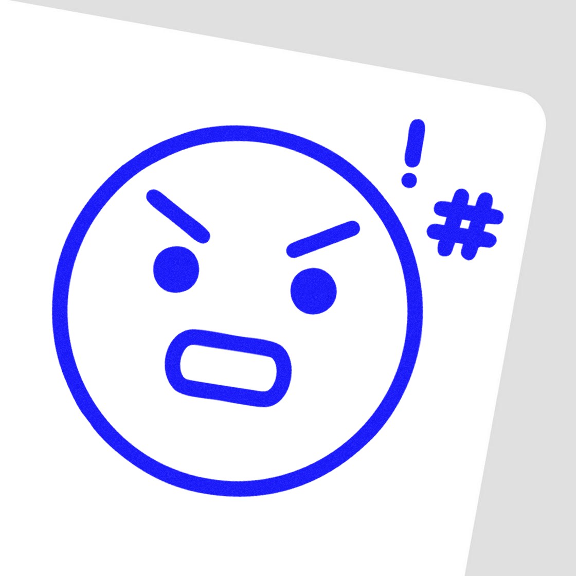 Self-Inking Angry Alfie Emoji Stamp featuring a bold blue angry face with expressive eyebrows and a hashtag symbol, perfect for adding personality to your documents.