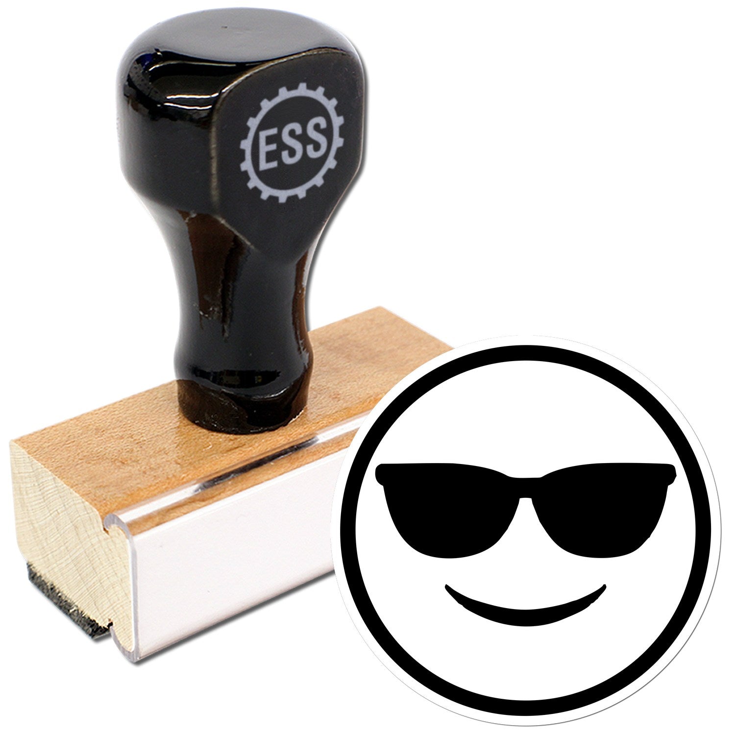 Wood Handle Cool Carl Emoji Rubber Stamp featuring a sleek black handle and a wooden base, with a smiling emoji wearing sunglasses design. Perfect for adding fun to your stamping projects.